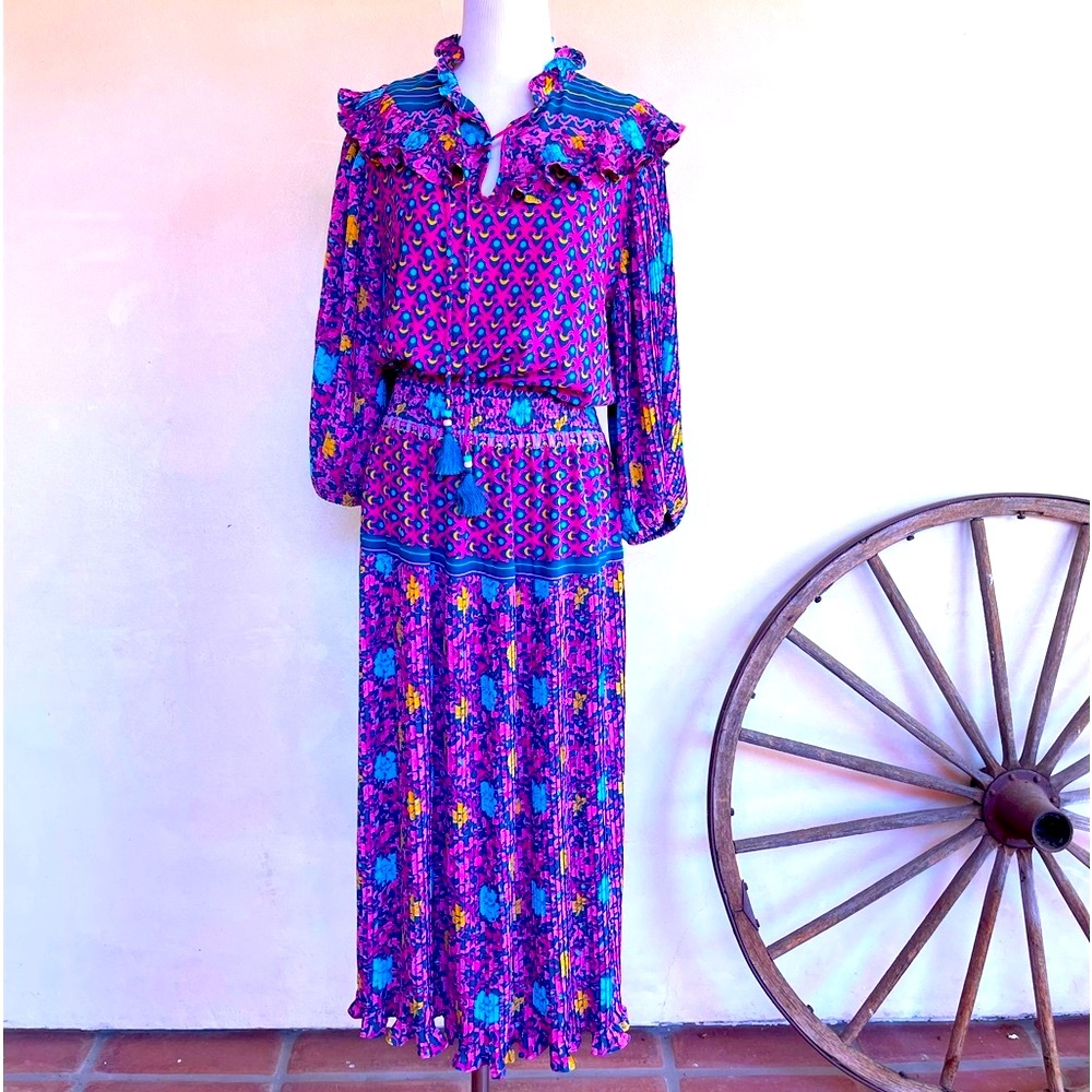 DIANE FREIS Beautiful Vtg 90’s Classic Floral Geometric Dress Fringe Tie Sz 12